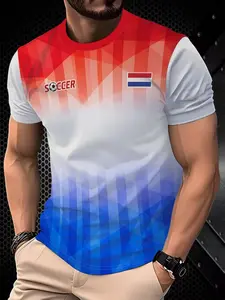 Netherlands Wave World Cup Fan Gear, Blue Gradient + Flag Badge, Summer Men's Short Sleeve Top, Essential Fan Apparel