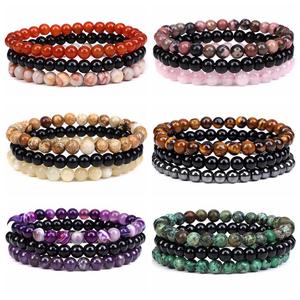 6/8mm Black Obsidian Hematite Triple Protection Bracelet Set-Tiger Eye Beaded Natural Stone Bracelet Gem for Men and Women