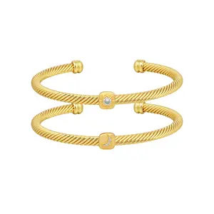 Apilery Gold-Tone Twisted Rope Cuff Bangle Set with Sun & Moon Crystal Accents, Elegant Jewelry for Daily Wear & Special Occasions