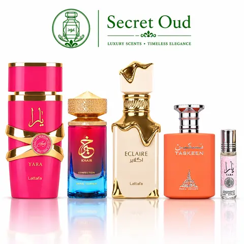 Lattafa Luxury-Inspired Arabian Pre-Filled Multi-Scent Women's Fragrance Gift Set - Yara Candy, Khair Confection, Eclaire, Taskeen, Yara Roll-On Oil - Long-Lasting Caramel Scent Perfume