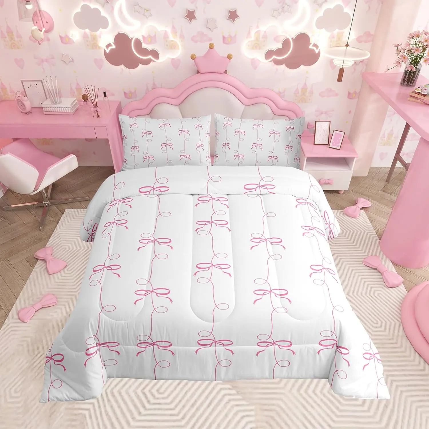 Kids Pink Bow Comforter Set,Pink Geometric Line Bow Bedding Set,Kawaii Bowknot Comforter,Cute Bed Set