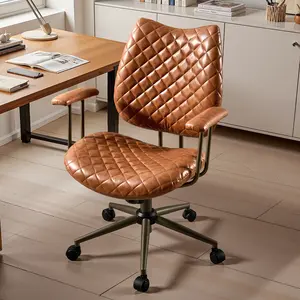 CAODOC Home Office Desk Chair with Wheels, Adjustable Height PU Leather Office Chair, Mid Back Ergonomic Computer Chair, Walnut Curved Seat Design Armrest Chair