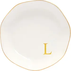 Ceramic  Tray Initial Ring Dish Personalized L-Monogrammed Engagement Wedding Gifts, for Birthday Mother's Day Christmas for Women, Ceramic White 4.75" (L)