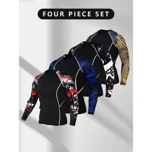 [4pcs Compression Sports Long Sleeve] 4pcs Men's Sports Compression Long Sleeve, High Elasticity Crew Neck Sports Tops With Triangle/ Graffiti Pattern/ Letter Print Sleeves, Suitable For Running, Gym, Yoga, Casual, Outdoor