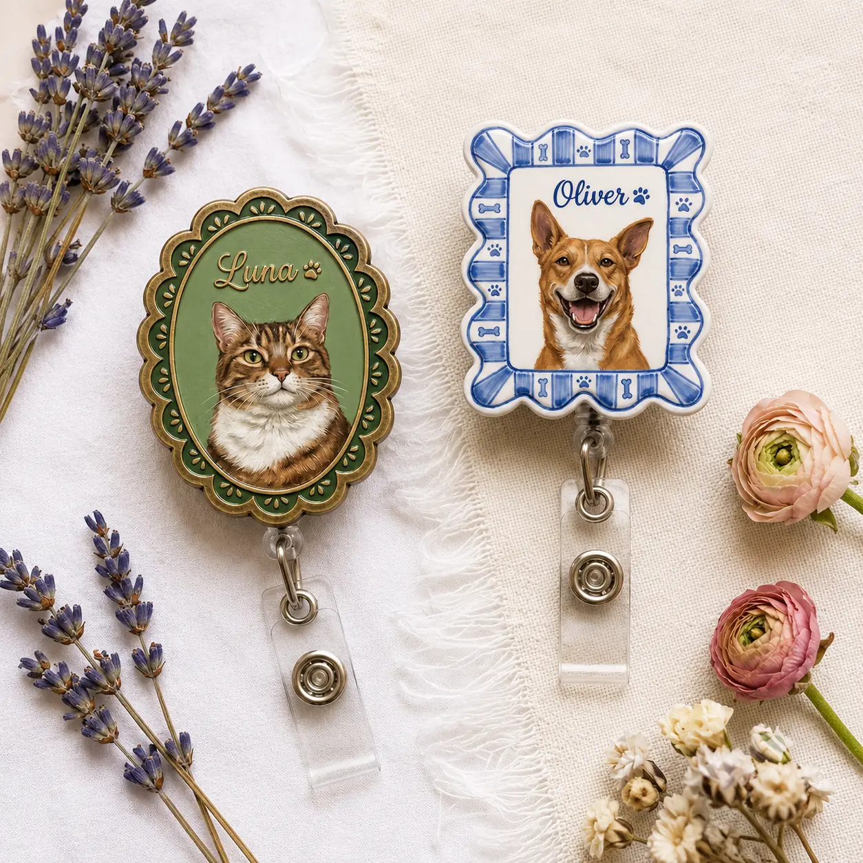 Personalized Pet Portrait Badge Reel, Custom Cat Dog Acrylic ID Badge Holder, Retractable Name Badge Reel with Clear Vinyl Strap for Vet Tech Groomer Teacher Nurse Gift