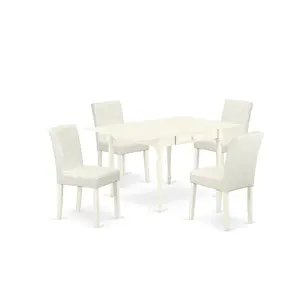 1MZAB5-LWH-64 5Pc Wood Dining Table Set Consists of a Dining Table and 4 Parsons Dining Chairs with White Color PU Leather, Drop Leaf Table with Full Back Chairs, Linen White Finish