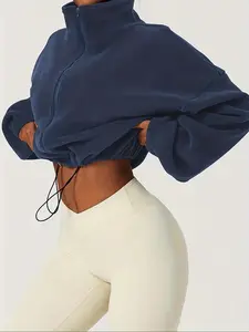 Women's Solid Color Drawstring Zip Up Crop Fitted Jacket Coats, Casual Long Sleeve Stand Collar Outerwear for Winter, Ladies Clothes for Daily Wear