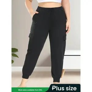 Plus-size plain jogger cargo pants with a drawstring waist, casual pocket trousers, women’s summer activewear bottoms for daily outdoor wear