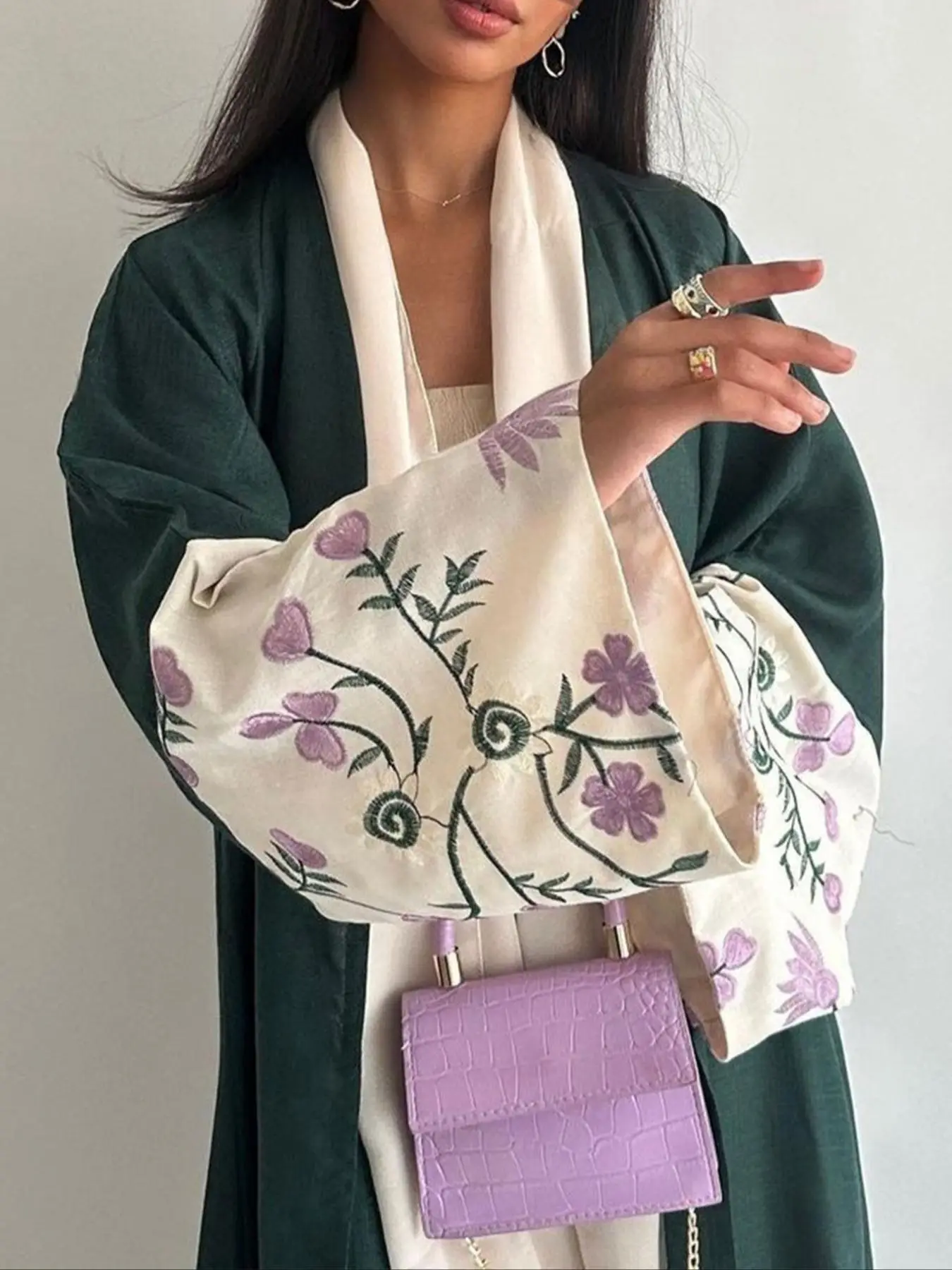 Women's Floral Embroidery Long Sleeve Abaya, Elegant Open Front Outerwear for Spring & Fall, Ladies Clothes for Daily Wear