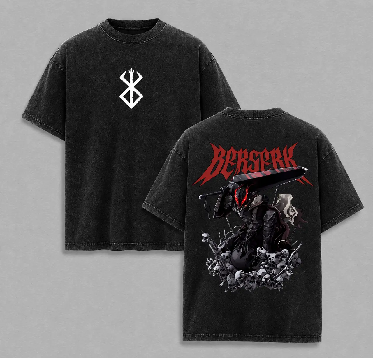 Berserk Print Vintage Acid Washed Cotton T-shirt for Men Women Casual Oversized Tshirt Tees Short Sleeve Tops Retro Streetwear
