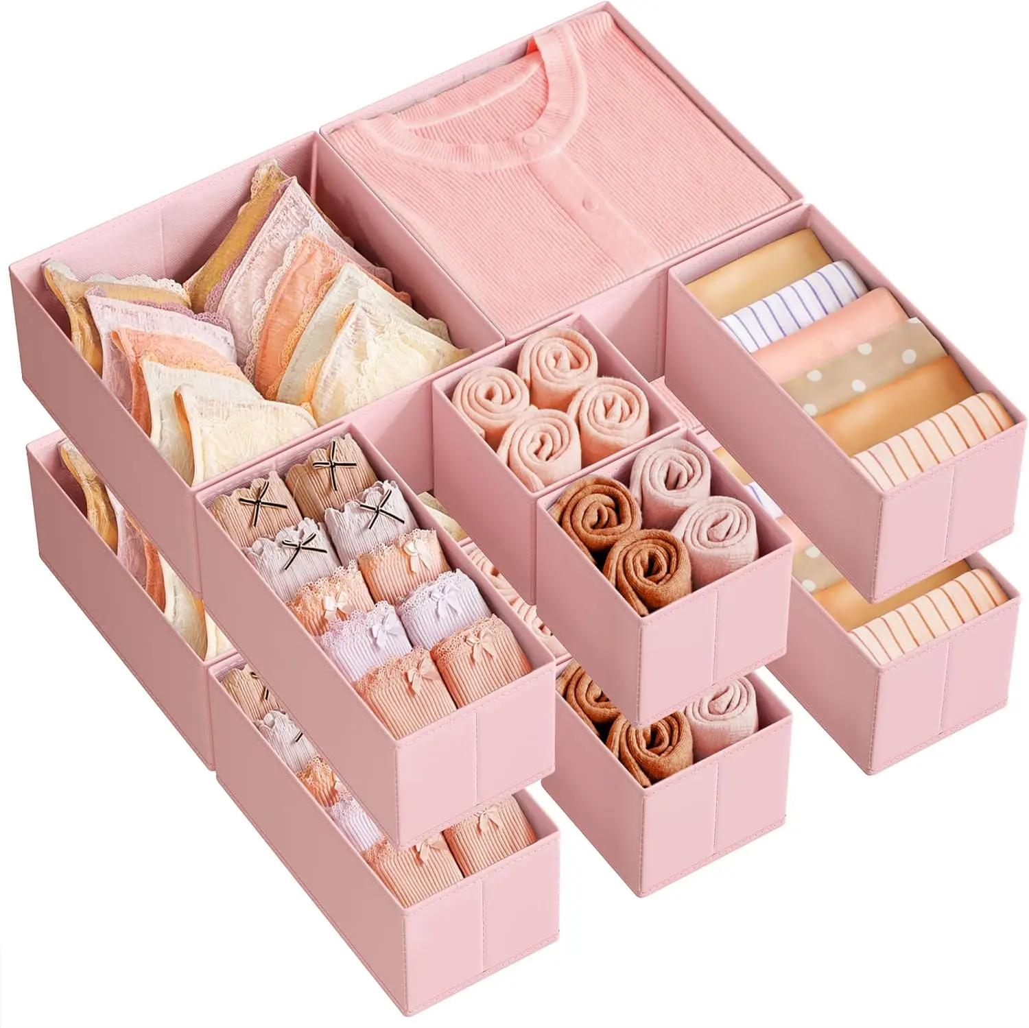 STOWM 12-Pack Foldable Fabric Drawer Organizer Dividers - Durable Lightweight Home Organizer Storage with Compartments, Fabric Storage Units for Underwear, Socks, Lingerie, Pink Closet Clothing Bins summerwins,summerwins