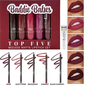 Italia Deluxe Baddie Babes Mousse Matte Top Five Lipstick, So Plumped Lip Gloss & UltraFine Lip Liner Bundle