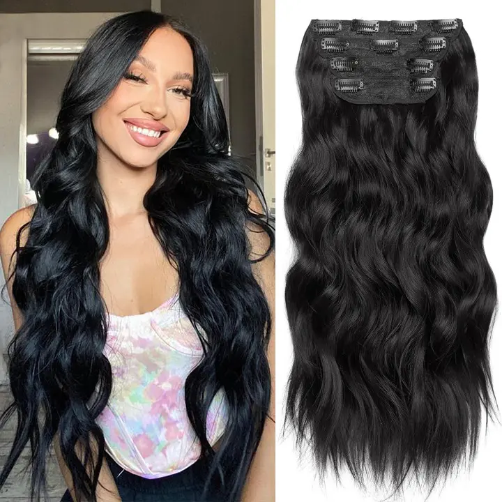 [TOPHR HAIR BEAUTY] Clip- in Synthetic Hair Extensions Long Wavy 4PCS Thick Hairpieces Double Weft Natural Hair Extensions for Women