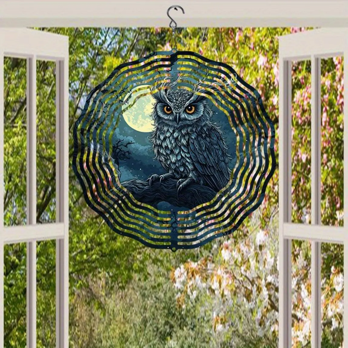 Owl Design 3D Wind Spinner, Rotating Outdoor Art with 360 Degree Hook, Durable Reflective Wind Sculpture for Garden Patio Decor