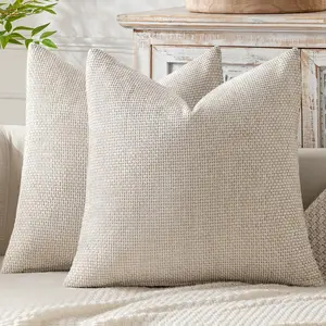 Pack of 2 18x18 Inch Couch Throw Pillow Covers Neutral Beige Modern Boho Soft Chenille Farmhouse Decorative Accent Cushion Covers for Home Decor Bed Sofa Living Room