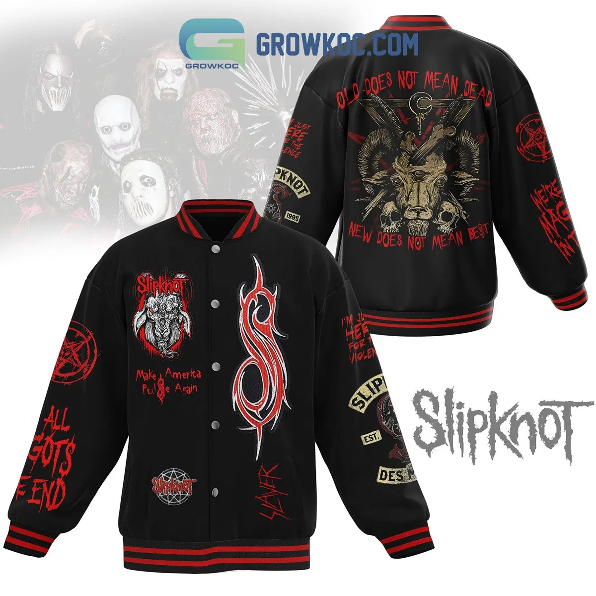Slipknot Fan Varsity Jacket, Heavy Metal Slipknot Tribal S Logo Horned Goat Skull Print Varsity Jacket Old Does Not Mean Dead Back Quote Nonagram Pentagram Graphic Loose Fit Sporty Casual Fall Winter Outerwear