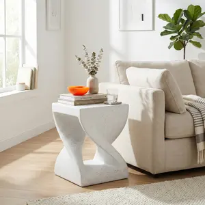 Outdoor White Marble Modern Twisted-Base Teazzo-Speckled All-Weather MGO Side Table – Indoor End Table for Home, Office & Patio Decor