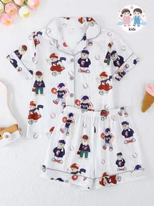 2-Piece Kids Pajama Set, Short Sleeve Button Front Open-Heart Top and Shorts, Cartoon Bear Pattern, Unisex, All Seasons