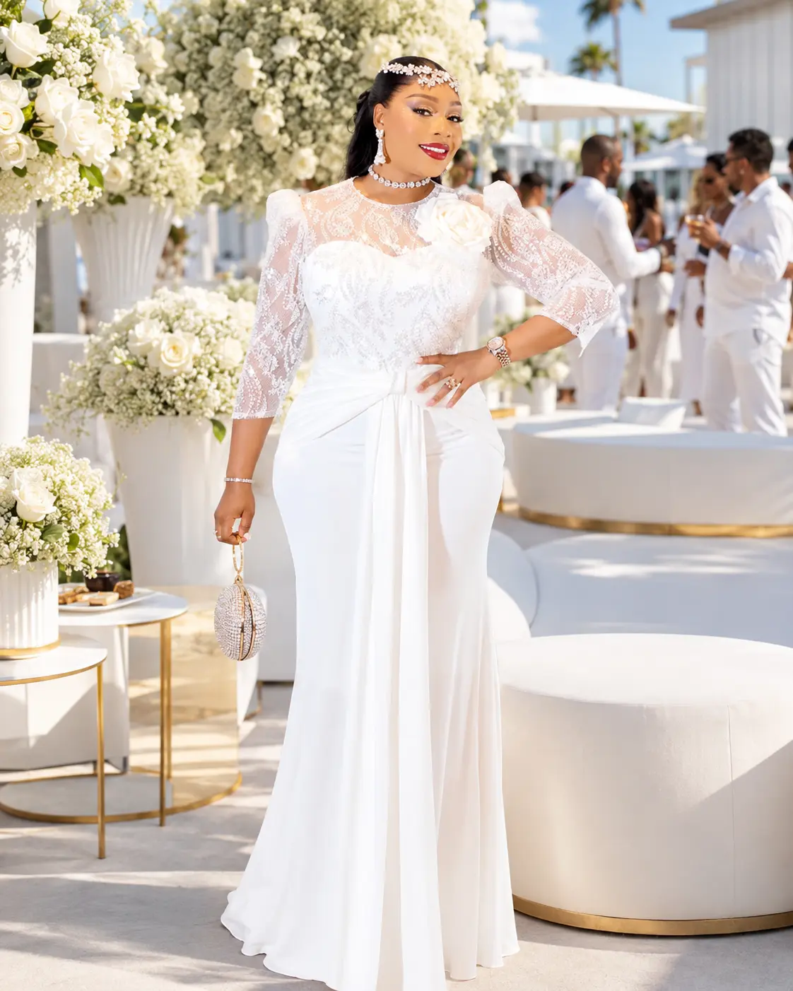 Classy White Sequin Embellished 3D Flower Ruched Draped Maxi Dress for Wedding Guest Birthday Party Mother of The Bride Outfit Cocktail Reception Formal Evening Gown Turkish Womenswear