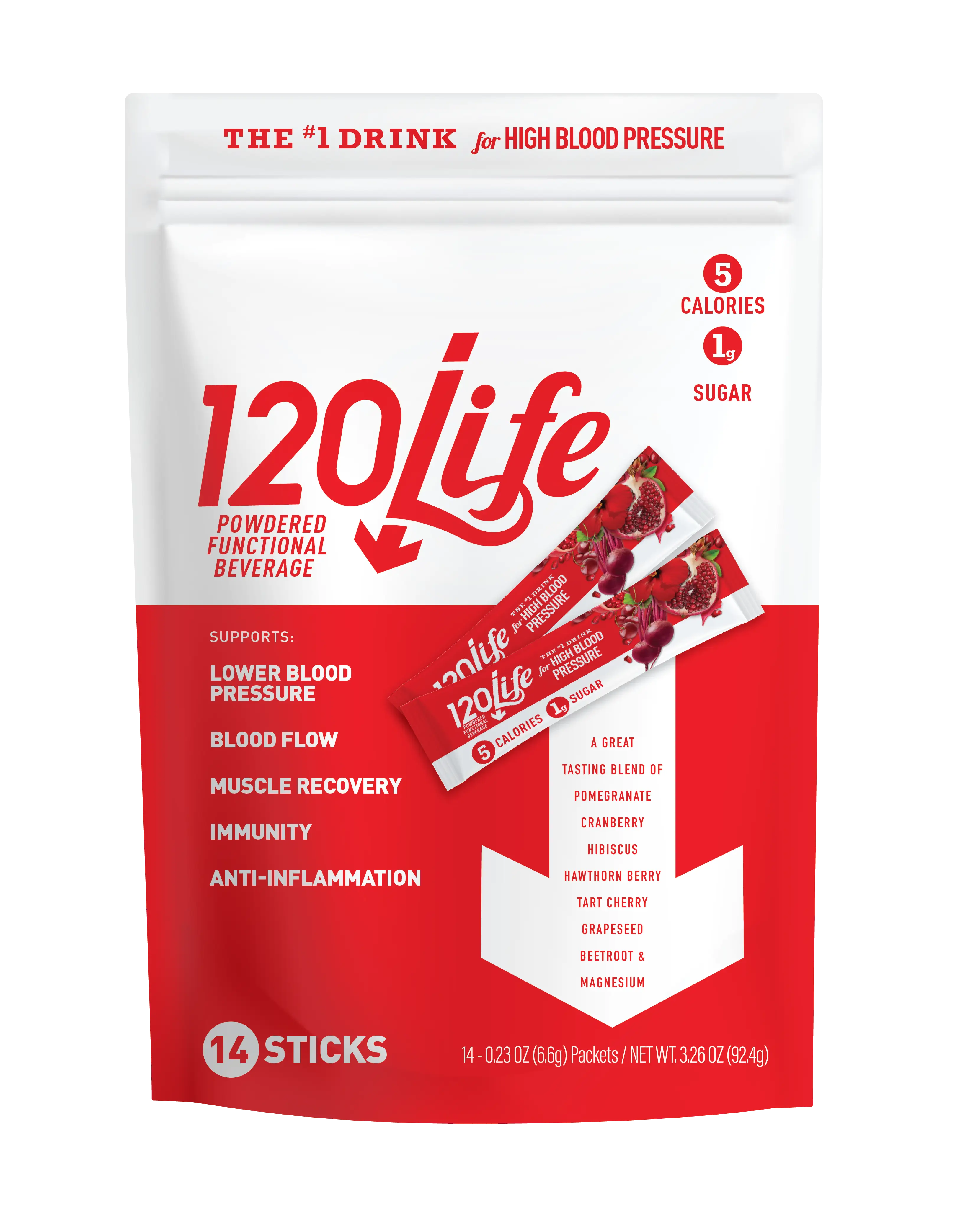 120/Life Blood Pressure Support Drink Mix – 14 Stick Packs with Beetroot, Pomegranate, Cranberry, Tart Cherry & Hibiscus – Sugar-Free, Vegan, Convenie