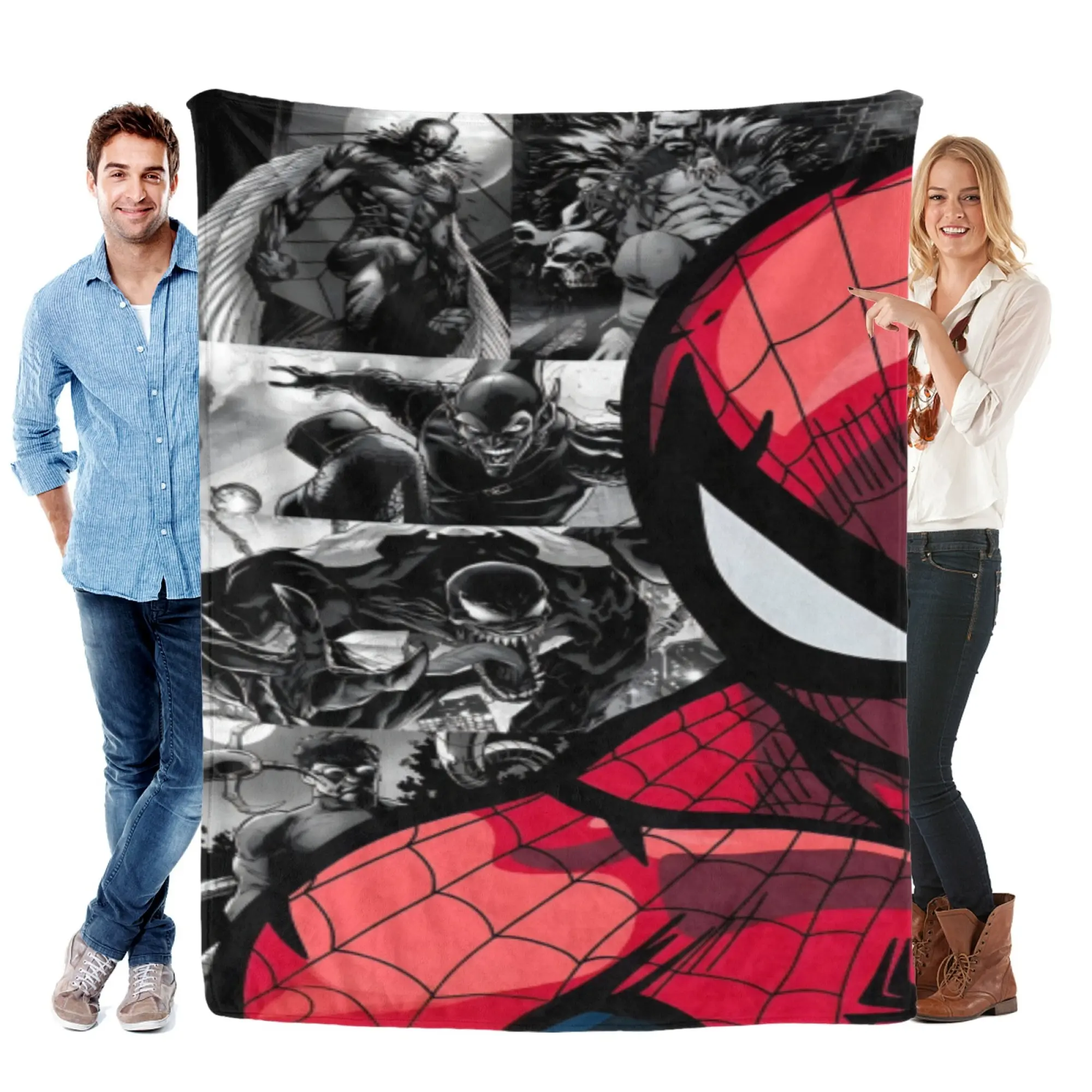 [SummerVibes] MARVEL Spider-Man vs. Villains Comic Collage Flannel Blanket, Soft 2D Printed Throw for Home, Couch & Comic Fans