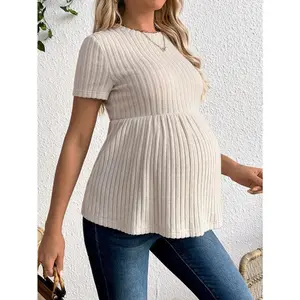 Maternity Solid Color Round Neck Short Sleeve Casual Tops