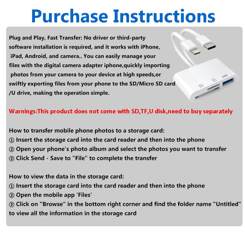 5-in-1 SD Card Reader for iPhone,iPad,Android – Dual USB-C & Lightning Adapter, Supports SD/MicroSD/USB 3.0, Fast Transfer, Plug & Play, No App Needed