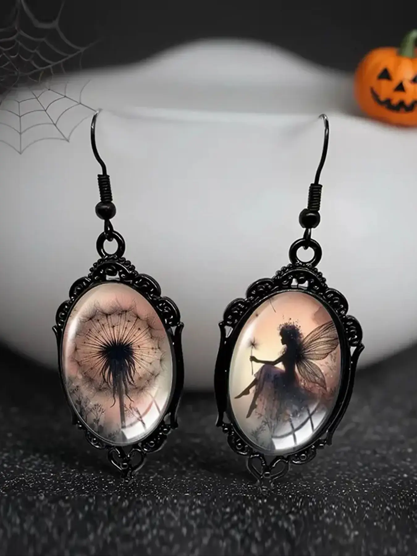 Black Dandelion Elf Fairy Asymmetric Earrings For Women, Gothic Oval Glass Dangling Earrings, Jewelry Ear Accessories Statement Earrings