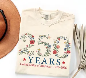 USA 250th Anniversary Floral Shirt, 4th of July shirt, Patriotic Botanical American Flag Tshirt, 1776–2026 Freedom Celebration - LORA ATCHER