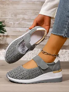Summer Lightweight Breathable Hollow Out Slip-On Casual Sneakers, Adjustable Velcro Wedge Shoes for Comfort, Open Toe Design for Active Wear
