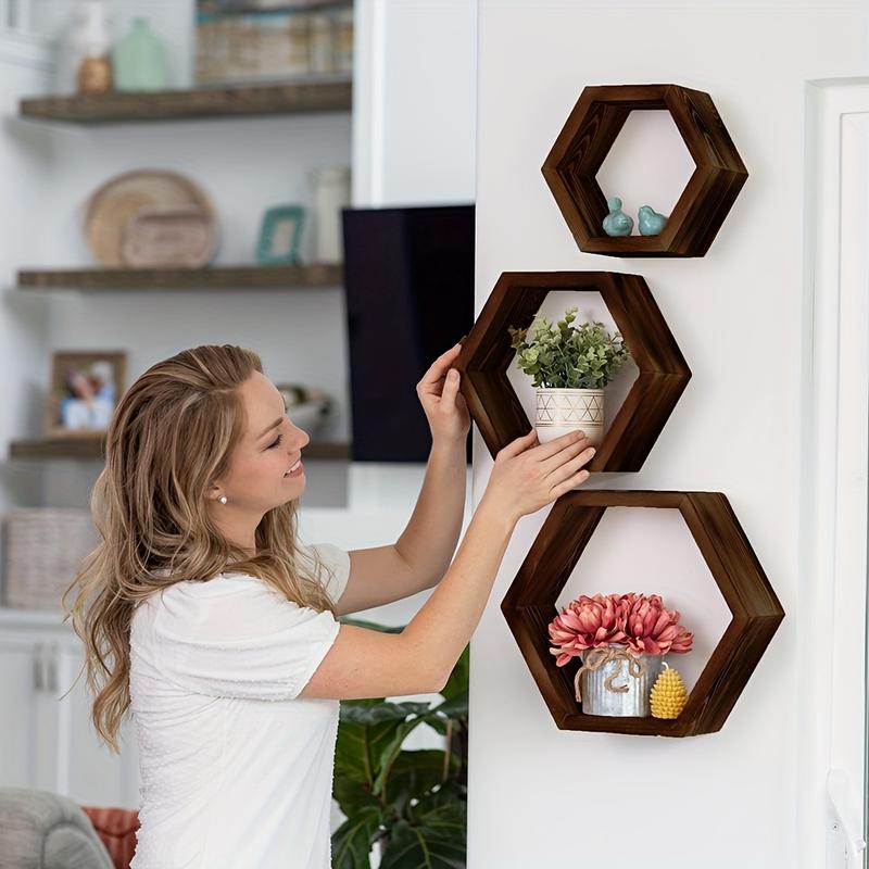 3pcs Hexagonal Floating Wall Shelf, Wall Mount Design, Available in Large, Medium, and Small Sizes - Wooden Hexagon Storage Rack Suitable for Home - Driftwood Decorative Wall Art - Gift for Home Decor Enthusiasts