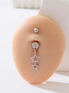 Fashionable Artificial Zircon Star Design Long Pendant Belly Button Ring for Women, Casual Style Copper Chain, All Seasons Wear