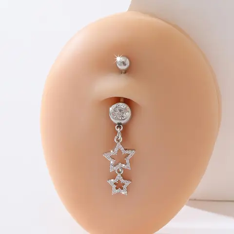 Fashionable Artificial Zircon Star Design Long Pendant Belly Button Ring for Women, Navel Piercing Jewelry, Belly Piercings, Casual Style Copper Chain, All Seasons Wear, Accessories
