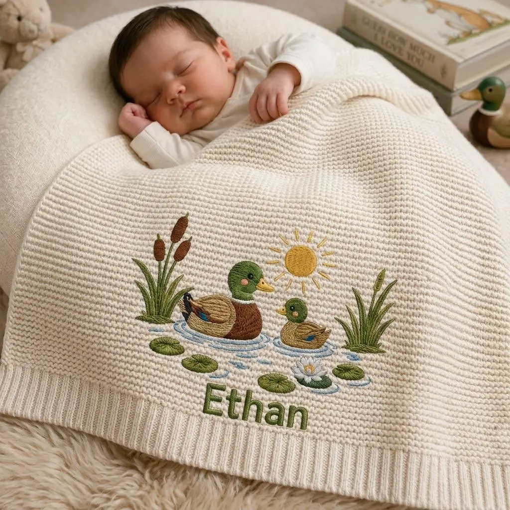 [Made-to-Order] Custom Mallard Duck Embroidered Baby Blanket, Personalized Name Animal Safari Knit Throw, Hunting Lifestyle Lover Keepsake, Baby Shower Gift