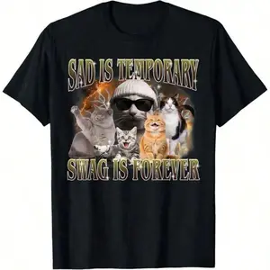 Menswear Short-Sleeve Round Neck Casual Tee - Vintage Streetwear T-Shirt, "Sad Is Temporary Swag Is Forever" Cat Meme Retro Bootleg Design Clothes (Pairs with Jeans)