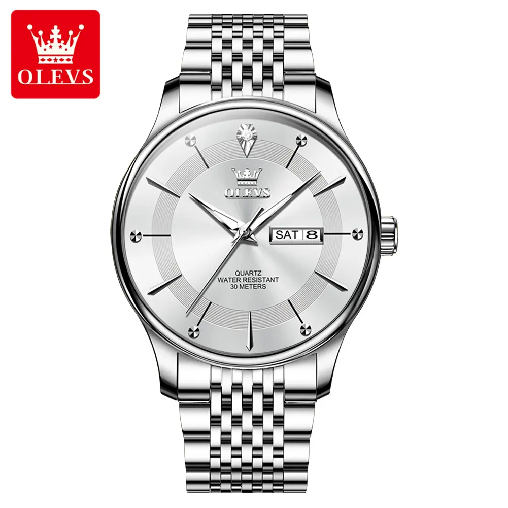 OLEVS Men's Watch, Classic Stainless Steel Quartz Wristwatch with Round Face, Dual Calendar, Luminous Display, 30M Waterproof for Casual Style, Stainless Steel Watches, Stylish Watch, Pu Leather