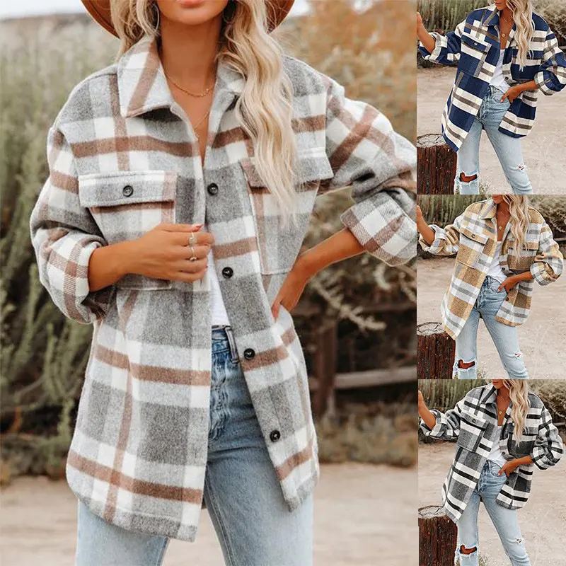 Plaid Button Flannel Woolen Shacket