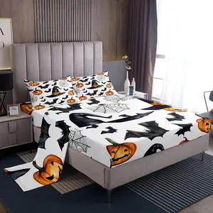 Happy Halloween Sheet with 16 Inch Deep Pockets,Pumpkin Bed Sheets Set for Kids Boys Girls Teens,Fall Pumpkin Lantern Bat Cobweb Magic Hat Bedding