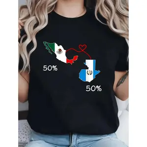 Women's Casual Short-Sleeve Round-Neck Map T-Shirt - Features Mexico & Guatemala Prints, Soft Knit Fabric - Ideal for Spring, Summer Wear (Sports & Outdoor Top)