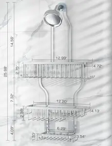 Shower Caddy Hanging - Never Rust Shower Organizer - Aluminum Over The Head Caddy with 10 Hooks for Razor/Sponge - Rack with Soap Basket - Silver