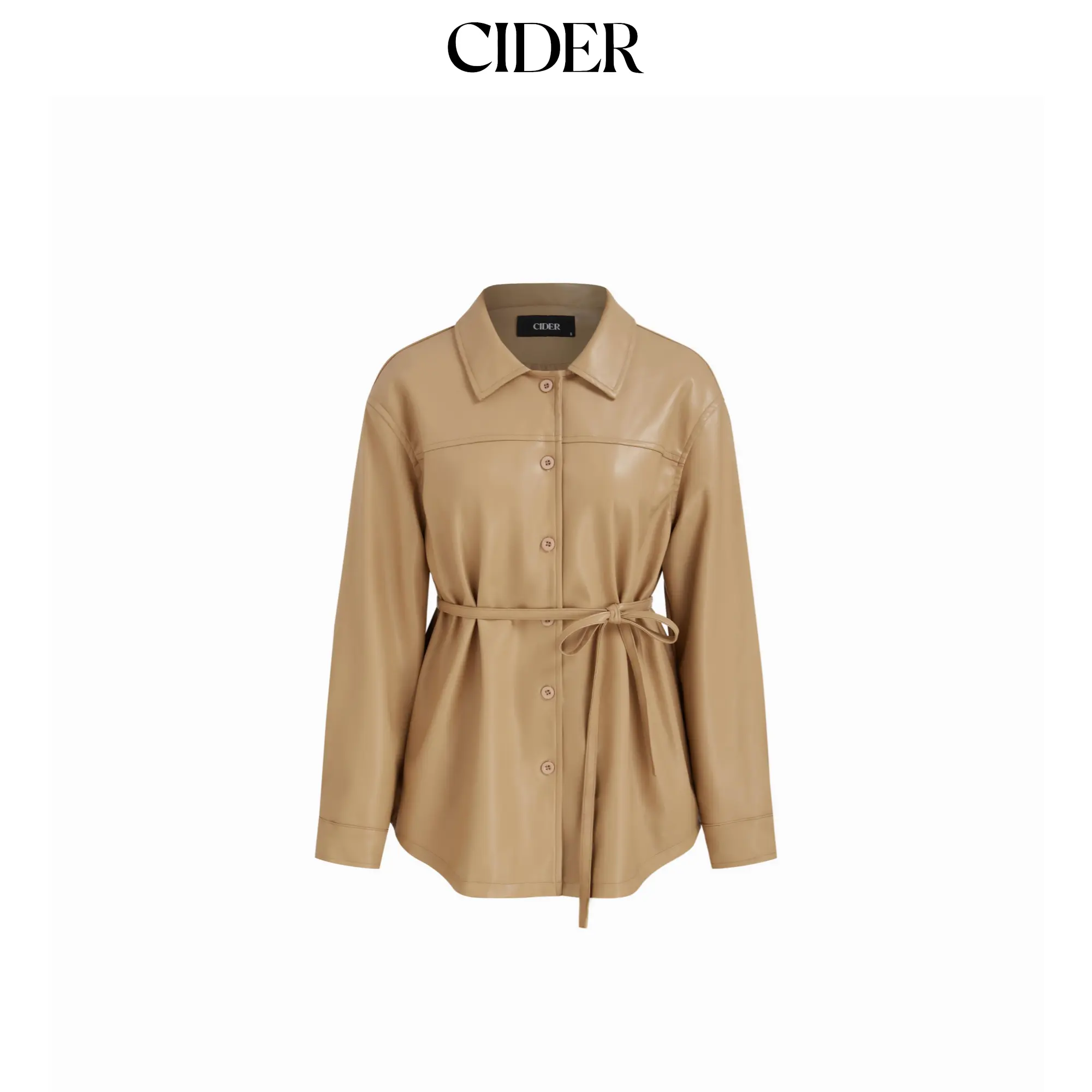 Cider Women's Fitted Basic Leather & Faux Leather Belted Longsleeve Collared Shacket Outerwear, Plus Size 2XL-20/22, 3XL, 4XL, Female Casual Button-Down Jacket, Longsleeves