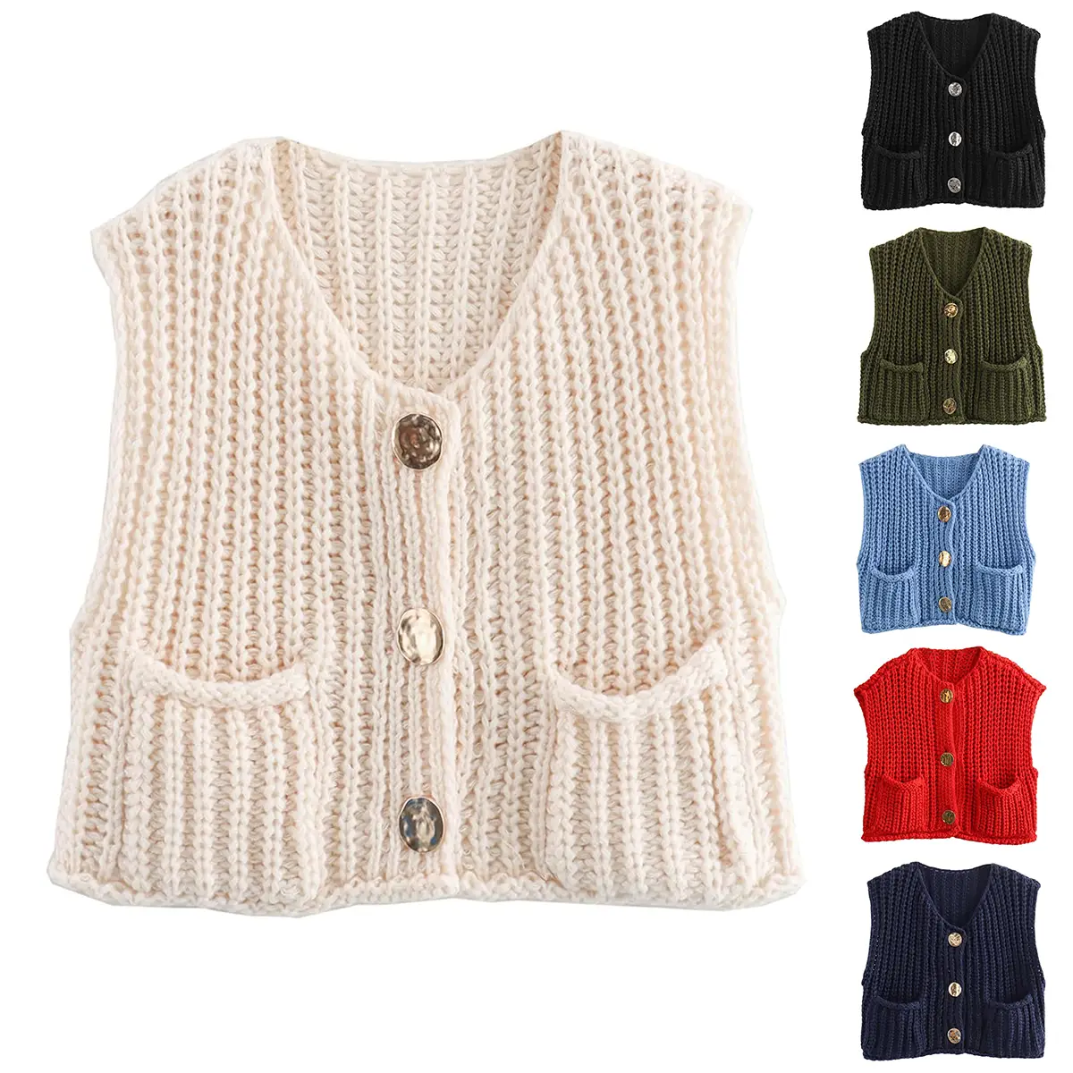 Tanming FallFreshness Womens Crochet Chunky Knit Top Sleeveless Button Down Crop Tops Trendy Cardigan Sweater Vest for Women with Pockets