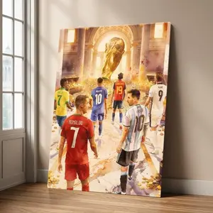 Soccer Superstars & World Cup Trophy Framed Watercolor Print, Legendary Football Players Wall Art, Messi Ronaldo Mbappe Decor