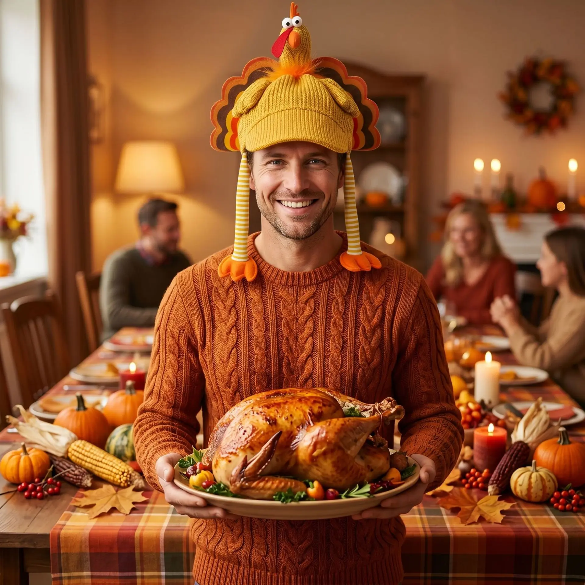 Thanksgiving Turkey Knit Beanie Hat - Cute, Soft & Warm Sports & Outdoor Hat with Dangling Feet, Ideal for Thanksgiving Dinner, Holiday Costume Party