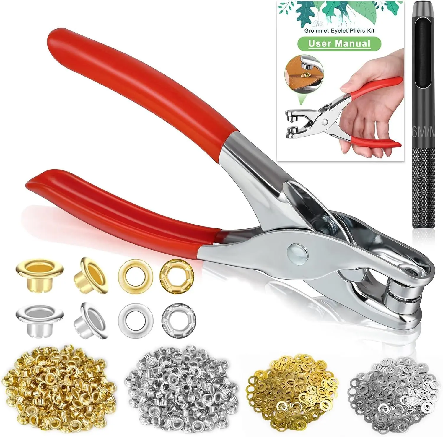 1200 count Eyelet Grommet Tool Kit,  1/4 Inch Grommet Eyelet Plier 6mm Metal Eyelets and Washers for Fabric Hole Punch Grommet Pliers for Leather Clothes Belt