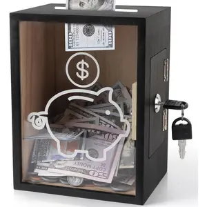 Clear Piggy Bank with Lock, Large Openable Money Saving Jar for Cash Coin Change, Black Penny Bank for Adults Kids