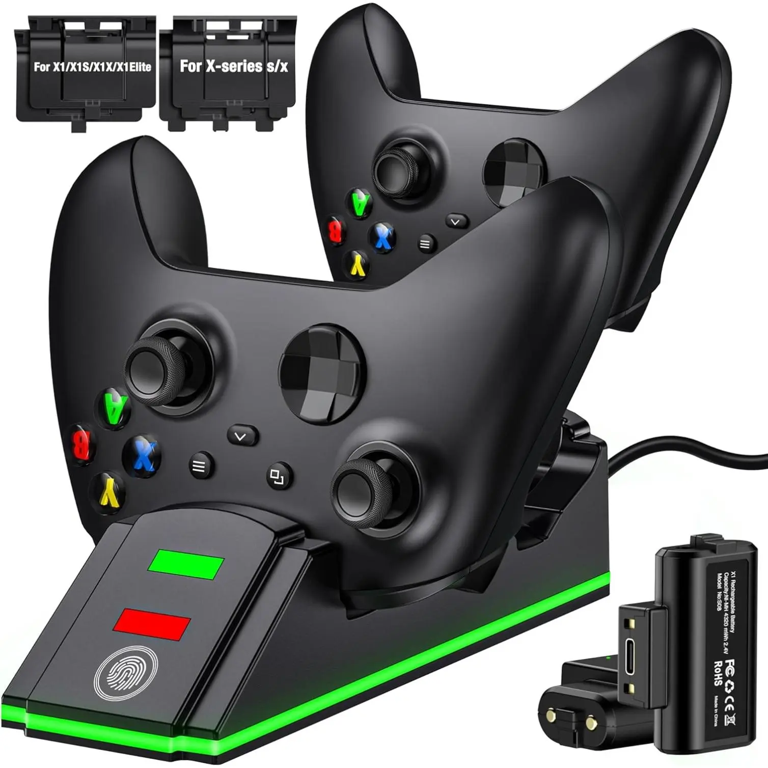 ESYWEN Dual Xbox Controller Charging Station with 2×4320mWh Rechargeable Batteries - Fast Charger Dock for Xbox Series X|S/Xbox One/Elite Controllers, LED Display & USB-C Cable Included