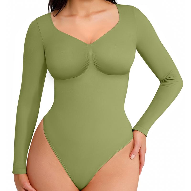 FeelinGirl Womenswear Seamless Long Sleeve Thong Bodysuit for Tummy Control V Neck Going Out Fabric Comfortable Casual shaper clothes TikTokShopBlackFriday