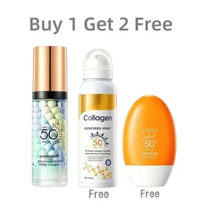 Buy one get two free; total of 3 bottles: SPF50+ PA+++ three-in-one pre-makeup sunscreen primer + vitamin C sunscreen + sunscreen spray—suitable for an entire summer with a summery vibe.