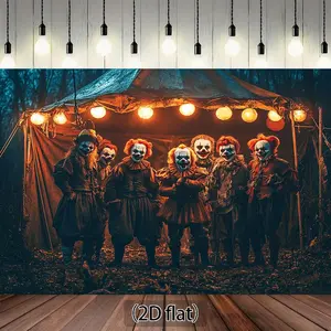 1pc 2D Flat Horror Circus Tent Backdrop - Clown Faces Spooky Circus Tent Photography bg Halloween pty decors Haunted House Photo Booth - Electricity Needed Easy Setup Lightweight Polyester Fabric In Banners White